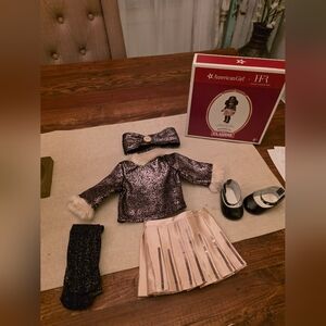 American Girl Claudia Sparkly Skirt Fur Trimmed Top Tights, Shoes And Headband.